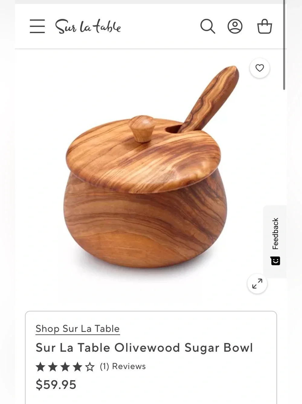 Hand-carved Italian Olivewood 7 oz Sugar Bowl & Spoon Set, Original Retail $59